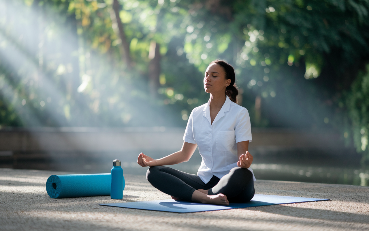 A serene scene of a medical candidate practicing deep breathing exercises on a yoga mat in a peaceful setting, surrounded by nature or greenery. Soft sunlight filters through the trees, portraying tranquility and calmness, with a mat and water bottle nearby. The candidate looks focused and serene, highlighting the importance of mental preparation in exam anticipation.