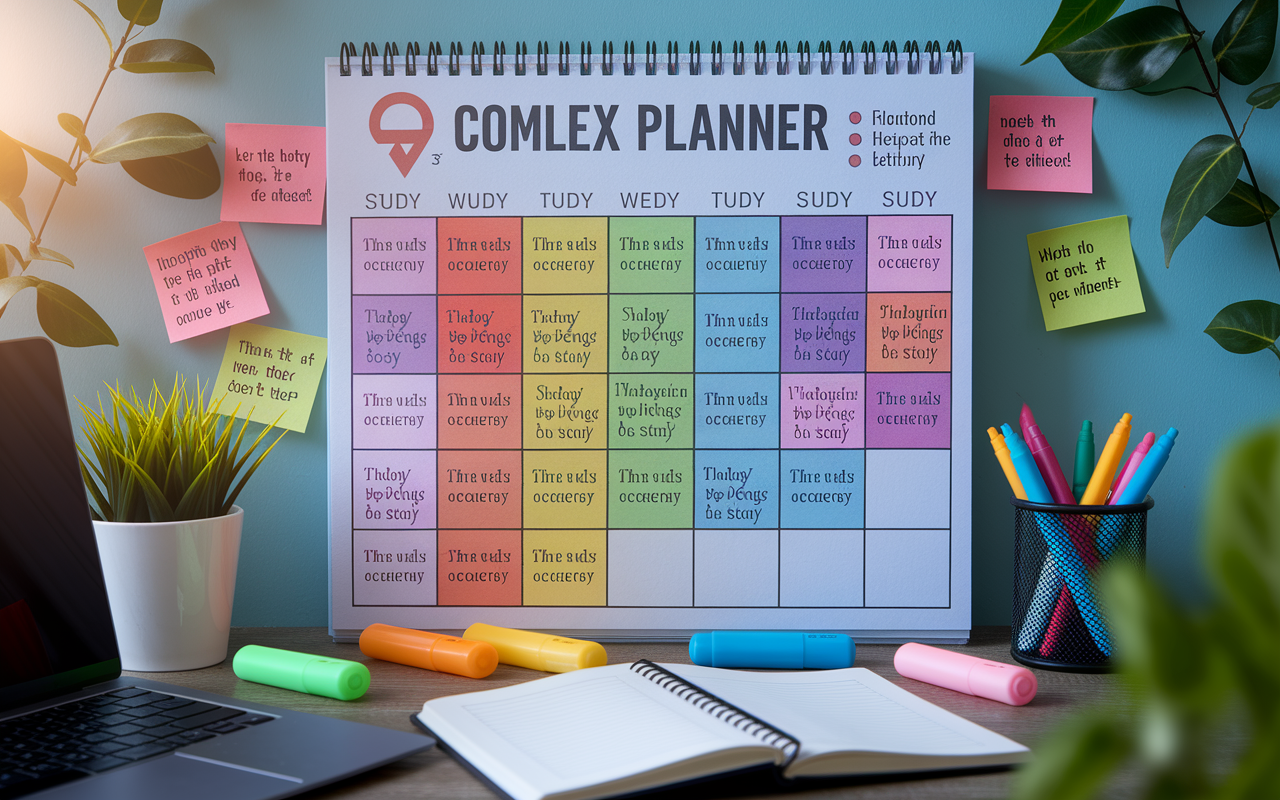 A detailed study schedule displayed on a wall planner with colored markers, showing organized study topics related to COMLEX Level 3. The planner is surrounded by highlighters, sticky notes with motivational quotes, and a laptop with study material. The background features a calming study environment, with green plants and a window showing a serene daytime view, reflecting a focused and tranquil atmosphere. Soft lighting enhances the sense of productivity and order.