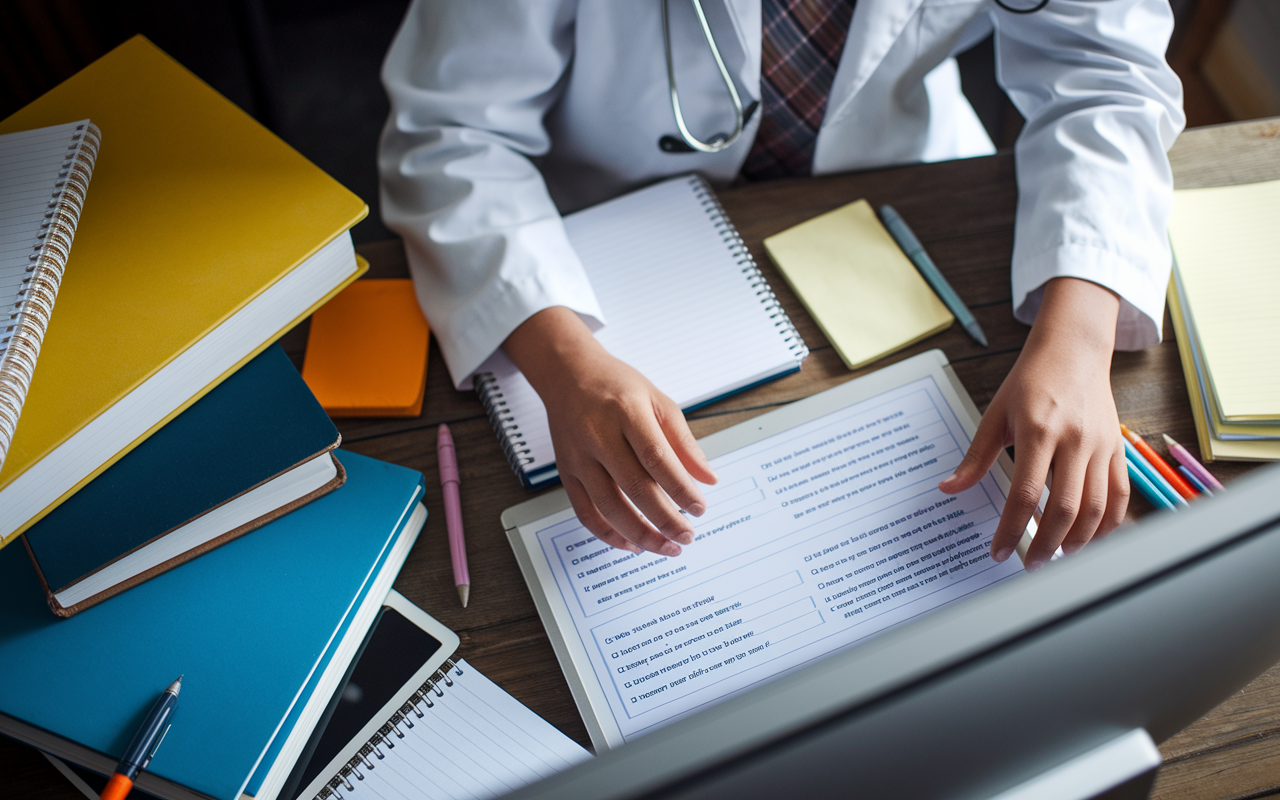 A close-up view of a medical student interacting with an online question bank platform on a computer screen, surrounded by an array of medical textbooks and notebooks. The scene captures the student's engaged expression, with highlighted questions on the screen and notes scattered around. The atmosphere is focused and dynamic, filled with soft, warm lighting that enhances the sense of learning and determination amidst study materials.