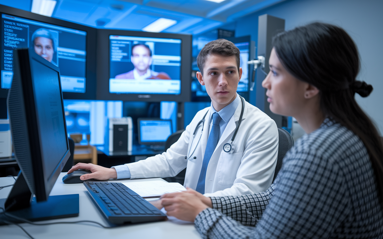 An immersive scene of a medical student engaging in a clinical simulation session, seated at a computer, portraying a patient case scenario. A high-tech simulation center is visible in the background with screens displaying patient data and scenarios. The student appears focused, taking notes, and interacting with a peer who is discussing diagnostic options. Bright, clinical lighting and realistic equipment enhance the authenticity of the learning experience.