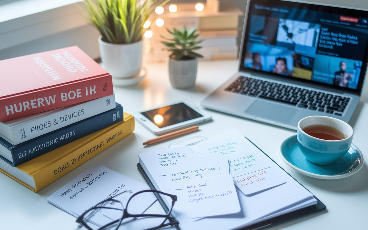 A meticulously organized study desk showcasing high-yield review books and electronic devices displaying video lectures. The table is filled with flashcards and notes highlighting key medical concepts and high-yield facts. A warm, inviting study atmosphere with soft lighting and personal touches like plants and a cup of herbal tea promotes an effective and energized study environment.