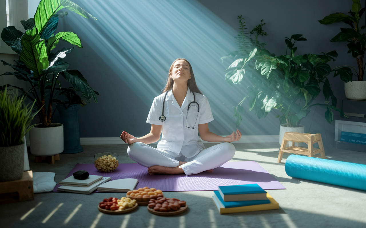 A serene scene of a medical student practicing self-care amidst a study environment, engaging in relaxation techniques such as deep breathing or meditation. The surrounding space is filled with healthful snacks, a yoga mat rolled out, and a peaceful sunlight beam illuminating the area. Books and study materials rest on the side, emphasizing the balance between study and wellness. Calming indoor plants add a touch of nature and tranquility.