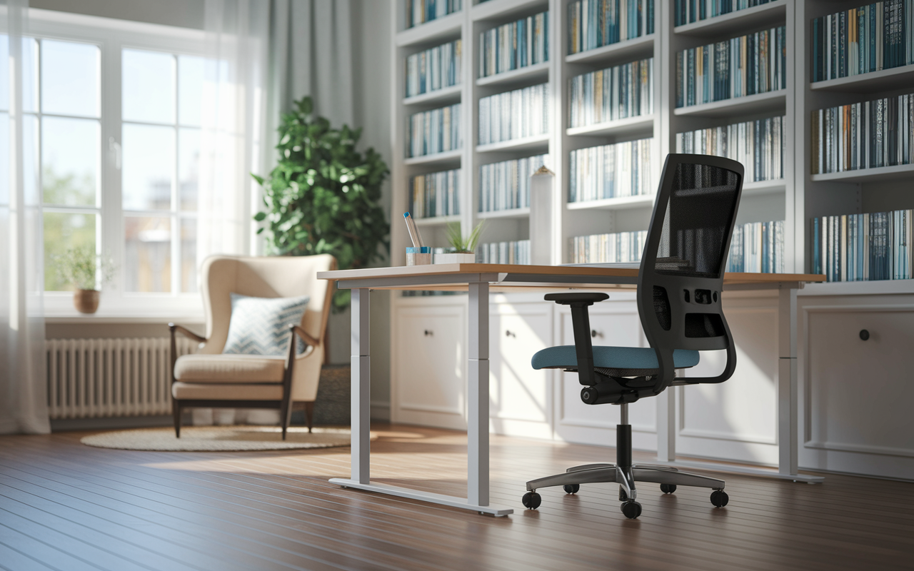 A serene, clutter-free study environment tailored for medical students. The scene depicts a bright room with a large desk, ergonomic chair, organized bookshelves filled with medical texts, and a comfortable chair in the corner with a plant nearby. A window shows bright daylight filtering through, creating an inviting atmosphere, emphasizing focus and productivity.