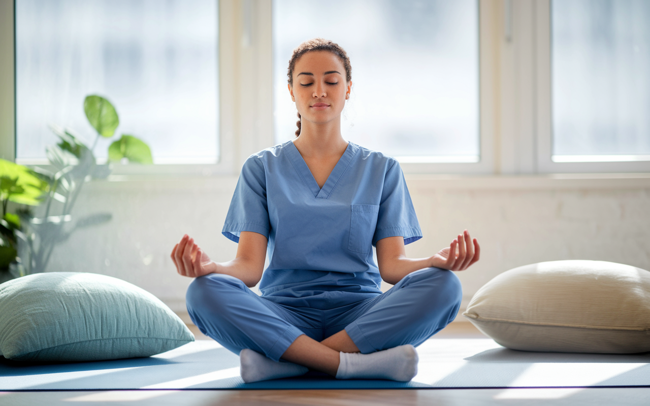 A focused medical student sitting in a bright, calm space, practicing relaxation techniques. The student is sitting cross-legged on a yoga mat with eyes closed and a serene expression, surrounded by soft cushions and a small indoor plant. Soft sunlight streams in through the window, creating a peaceful atmosphere that promotes mental well-being and focus.