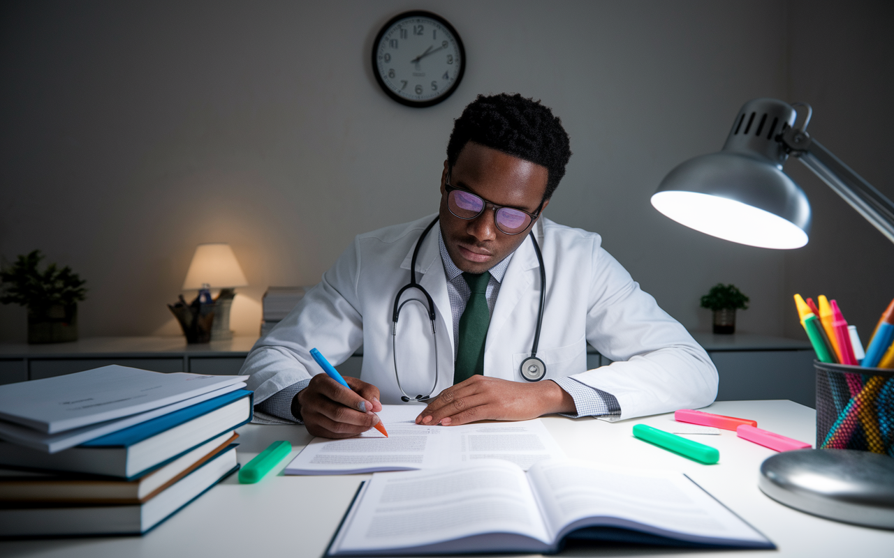 A focused medical student, a Black man with glasses, engaged in taking a practice test at a well-organized desk. The desk is cluttered with study material, highlighters, and an open medical textbook. A wall clock in the background indicates the time, emphasizing the pressure of exam preparation. The room is softly illuminated by a desk lamp, creating a conducive studying atmosphere, while the student's look conveys determination and alertness.