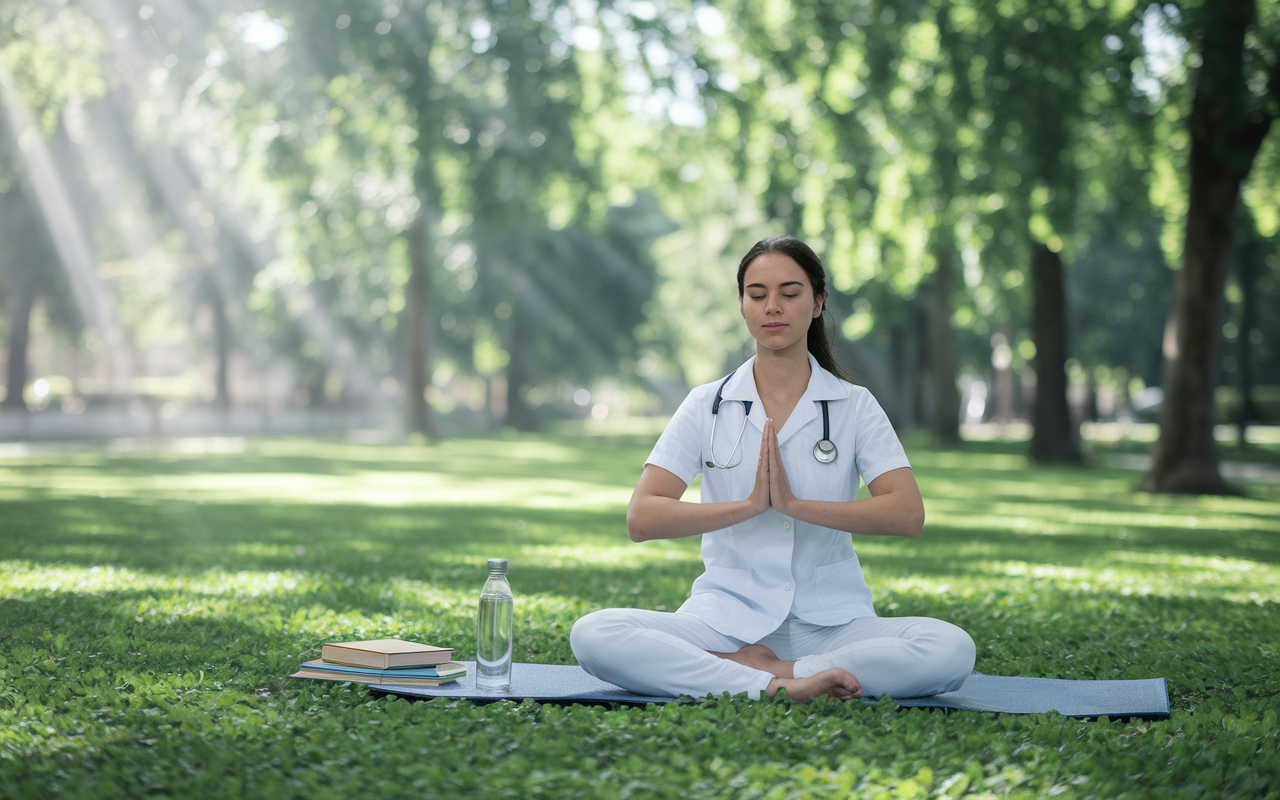 A serene scene showing a medical student practicing yoga in a peaceful park surrounded by greenery on a sunny day. The student, a Hispanic woman, is in a yoga pose, with a mat beside her, embodying relaxation and mindfulness. A few books and a water bottle lie nearby, hinting at a balance between study and well-being. Soft sunlight filters through the leaves, creating a tranquil atmosphere that encourages mental clarity and emotional resilience.