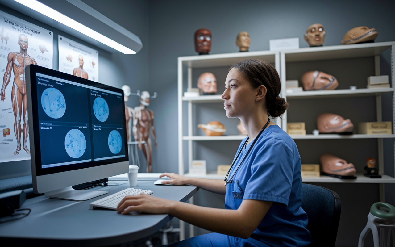 A mock examination room featuring a medical student sitting at a desk with a computer monitor displaying clinical case simulations, focusing intently. The room is equipped with anatomical charts and detailed medical models on the shelves. The student, dressed in scrubs, shows a look of concentration and determination. Soft overhead lighting creates a serious yet encouraging atmosphere, reinforcing the importance of this moment in their medical journey.