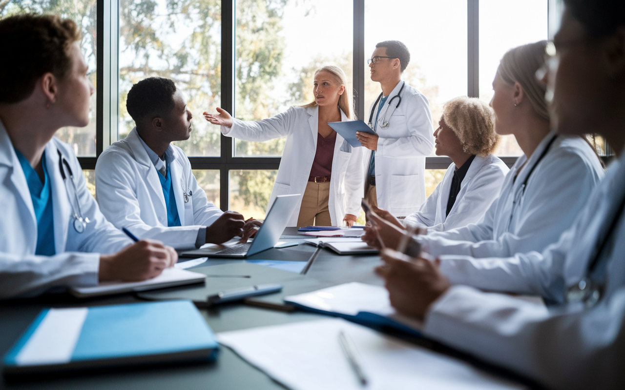 A diverse group of medical students at a study session, engaged in collaborative learning for the USMLE Step 3. The scene captures the intensity of discussion with one student gesturing towards a board filled with clinical guidelines, while others take notes or reference their laptops. Natural light floods through a large window, creating a motivating atmosphere of teamwork and ambition, with medical textbooks and study aids scattered across a large table, accentuating a culture of determination and shared goals.