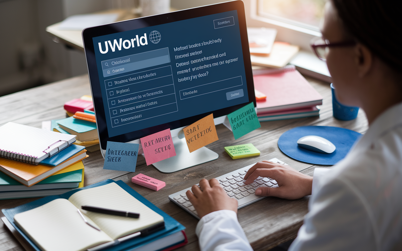 An engaging digital workspace showcasing a medical student intensely focused on the UWorld Qbank interface displayed on a laptop. The monitor shows a detailed clinical vignette-style question with interactive elements. Surrounding the computer, a clutter of highlighters, notebooks, and reference materials creating an atmosphere of determined study while emphasizing modern digital resources. Soft ambient lighting enhances the scene, infusing a sense of urgency and dedication.