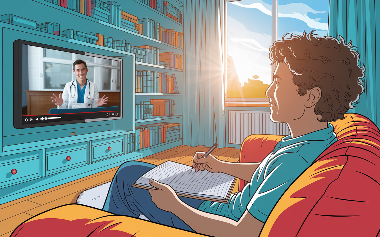 A lively scene of a student watching OnlineMedEd video lectures indoors, with a large screen displaying a clinical lecture. The student is taking notes actively, surrounded by a comfortable study environment with a cozy couch, shelves filled with medical books, and a window revealing a sunny day outside. The lighting is bright yet soft, reflecting a positive learning atmosphere while conveying the importance of interactive learning in medical studies.