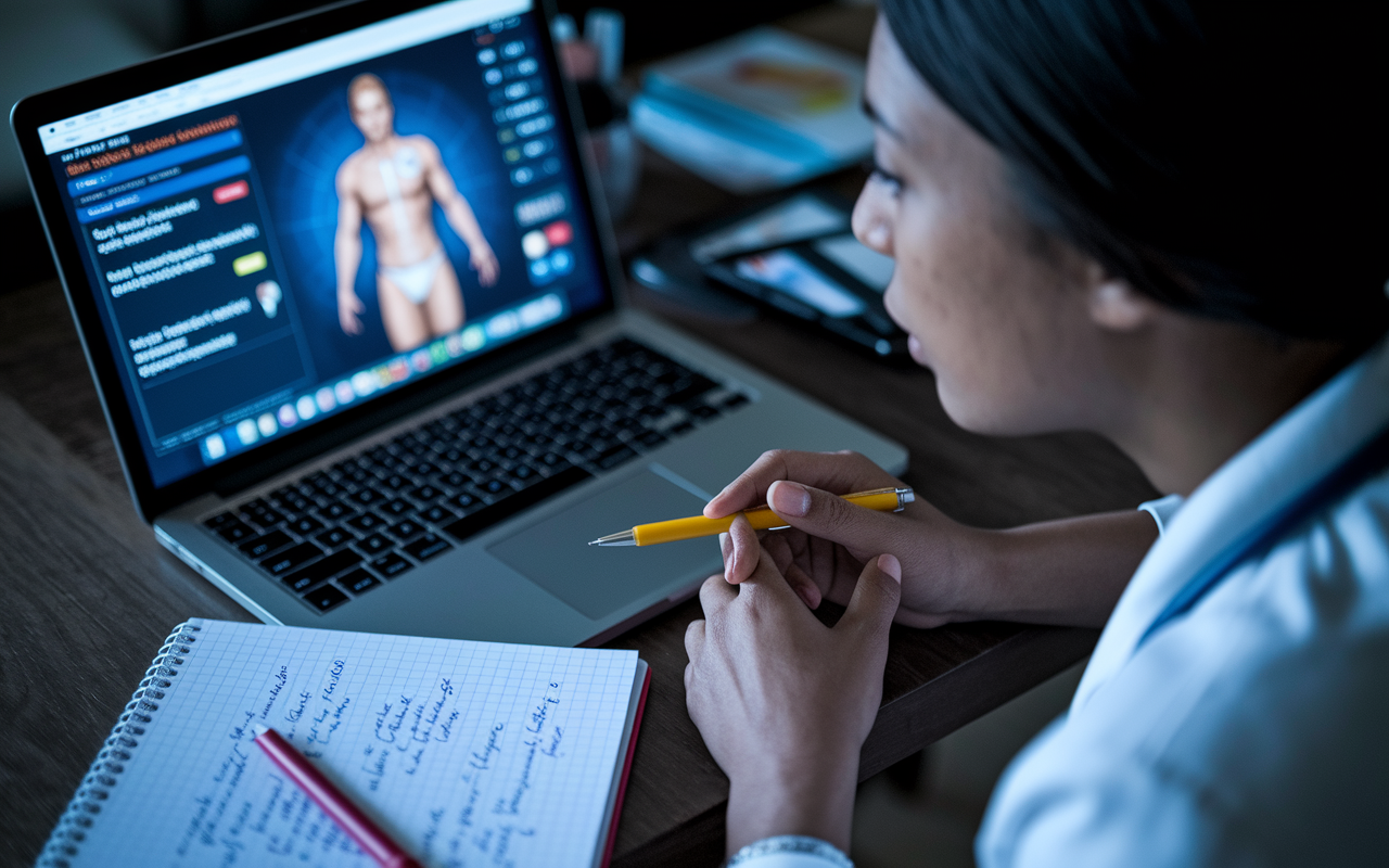 A focused medical student engaged in managing a virtual patient case simulation on UWorld's CCS interface. The screen displays a realistic case scenario requiring decision-making in real-time. A notepad filled with strategies and clinical pathways lies open beside the laptop, accompanied by a colored pen for emphasis. The dim light from the screen highlights the student’s concentrated expression, capturing the urgency and complexity of clinical judgement in practice.