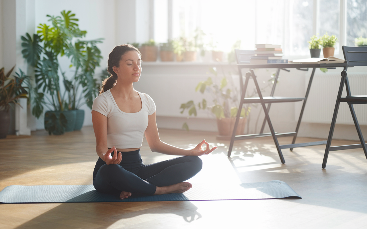 A serene scene reflecting the balance between study and self-care during USMLE Step 3 preparation. A student practicing mindfulness on a yoga mat in a bright, airy room filled with sunlight. Nearby, a study set-up featuring books and notes symbolizes the dual focus on well-being and academic success. Soft lighting and plants create a calm atmosphere, promoting healthful study habits and mental well-being, capturing the essence of managing stress while pursuing medical knowledge.