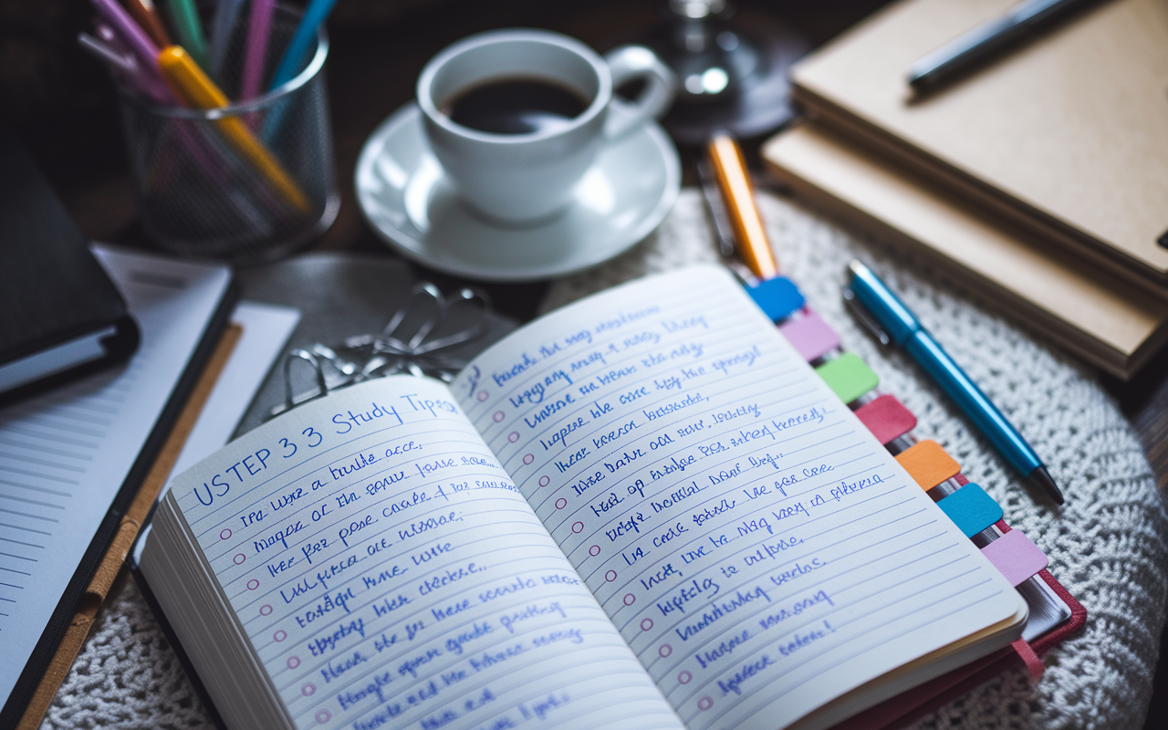 A close-up of an open notebook filled with handwritten notes and FAQs related to USMLE Step 3 study tips. The pages are marked with colorful tabs for quick access, surrounded by a few essential study tools like pens and a cup of coffee. The cozy study area is dimly lit to emphasize the focus on the important queries faced by medical students. The scene captures the essence of thorough preparation and organized study habits.