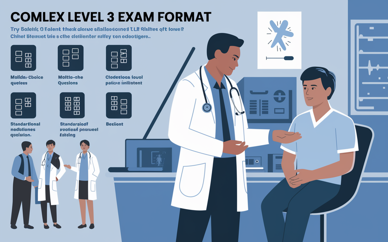 A visually engaging infographic outlining the COMLEX Level 3 exam format. The left side features illustrations of multiple-choice questions, while the right side displays a clinician interacting with a standardized patient in a clinical simulation. The background is subtle and educational, with a mix of blue tones evoking a professional medical environment.