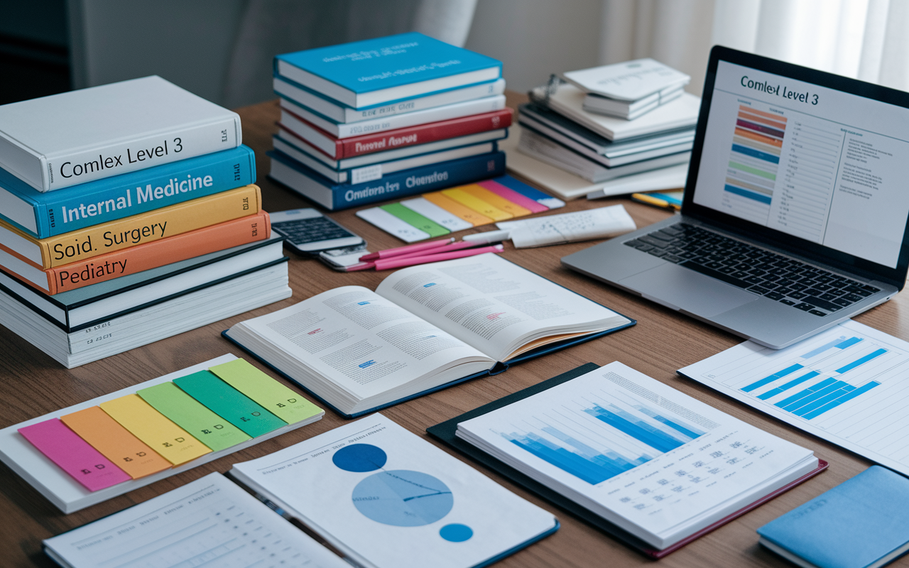 A detailed workspace featuring a large table covered with study materials for COMLEX Level 3. Several stacked textbooks focusing on Internal Medicine, Surgery, and Pediatrics are visibly labeled. Color-coded notes, charts, and a laptop displaying the COMLEX Level 3 Blueprint create an organized but busy atmosphere representing a student's preparation efforts.