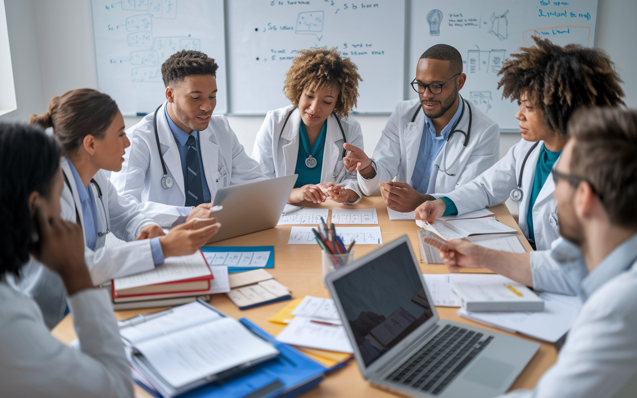 A dynamic study group session with diverse medical students gathered around a table filled with textbooks and laptops. Some are discussing clinical vignettes while others quiz each other using flashcards, filled with clinical guidelines. The environment is vibrant, with whiteboards displaying diagrams and notes, creating an energetic atmosphere of collaboration and active learning.