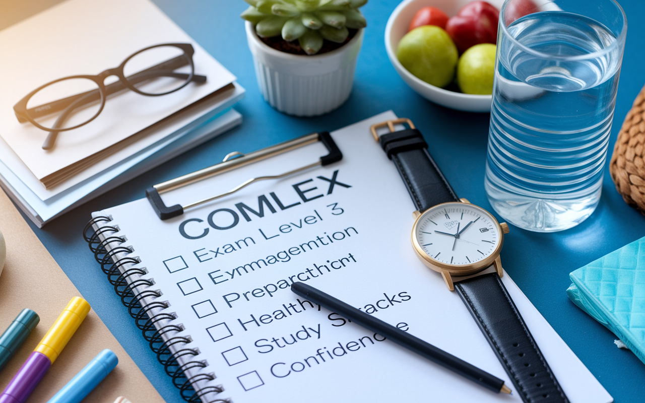 An organized checklist laid out with essential items for COMLEX Level 3 exam day preparation, including a watch for time management, a bottle of water, healthy snacks, and study materials symbolizing readiness and confidence. The background suggests a calming environment with soft natural lighting, representing peacefulness before the big day.