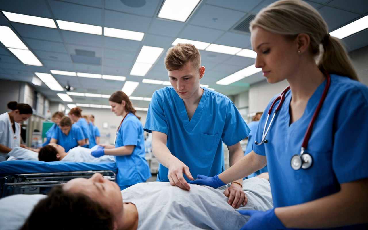 A young medical student in scrubs volunteering in a busy hospital emergency room, assisting a nurse with patient care. The atmosphere is bustling, showcasing medical professionals collaborating and patients being treated. Bright overhead lights illuminate the scene, reflecting a sense of urgency and dedication in the healthcare environment.