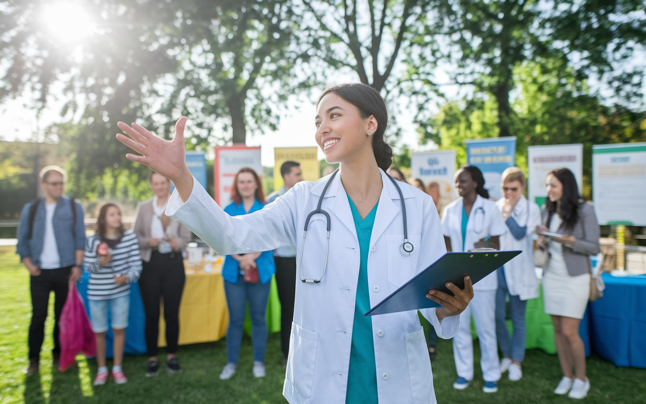 A young female medical student leading a community health drive in a local park, surrounded by diverse volunteers and families. She is actively guiding the team, with a clipboard in hand, amidst colorful banners and informational booths. The sun is shining brightly, casting a hopeful glow over the scene, emphasizing community engagement and leadership.