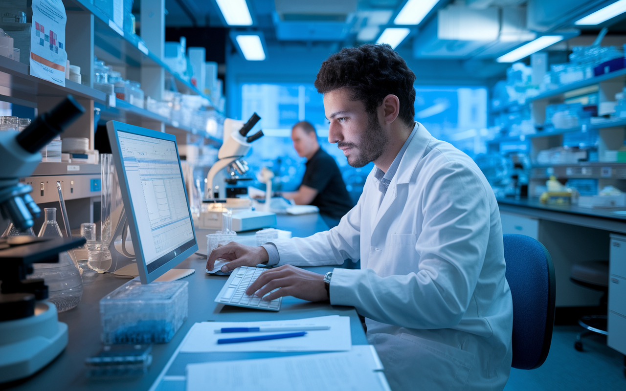 An engaged medical student working intently in a laboratory setting, analyzing data on a computer while surrounded by medical research equipment. The lab is filled with scientific posters, pipettes, and microscopes, illuminated by soft lab lights. The atmosphere conveys a sense of determination and intellectual pursuit.