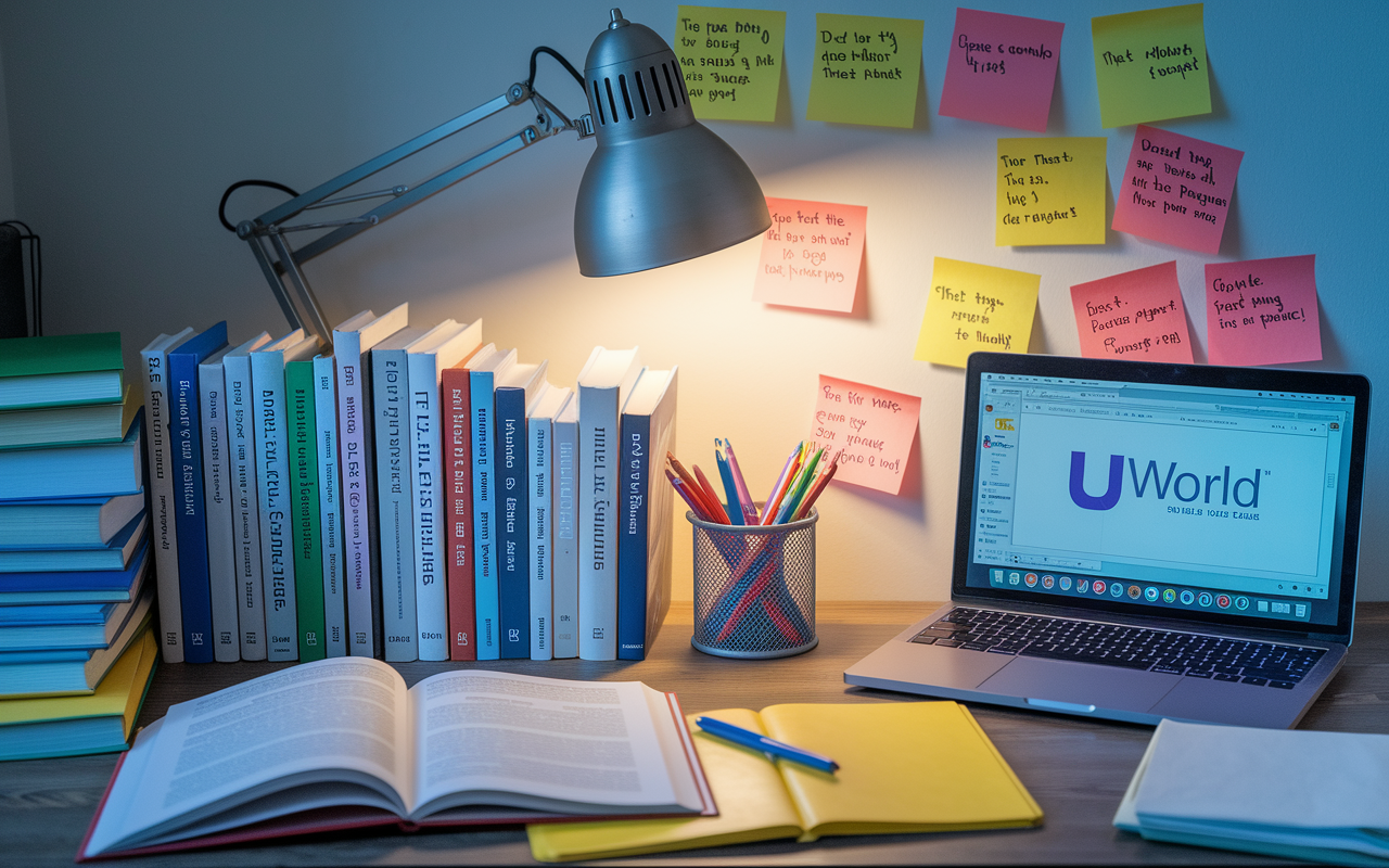 An organized study space cluttered with medical textbooks and examination resources for USMLE Step 3. A desk laden with open books such as 'First Aid for the USMLE Step 3' beside a laptop displaying online study tools like UWorld. A soft desk lamp casts a warm light, creating an inviting and productive atmosphere, with sticky notes filled with reminders and mnemonics stuck around.