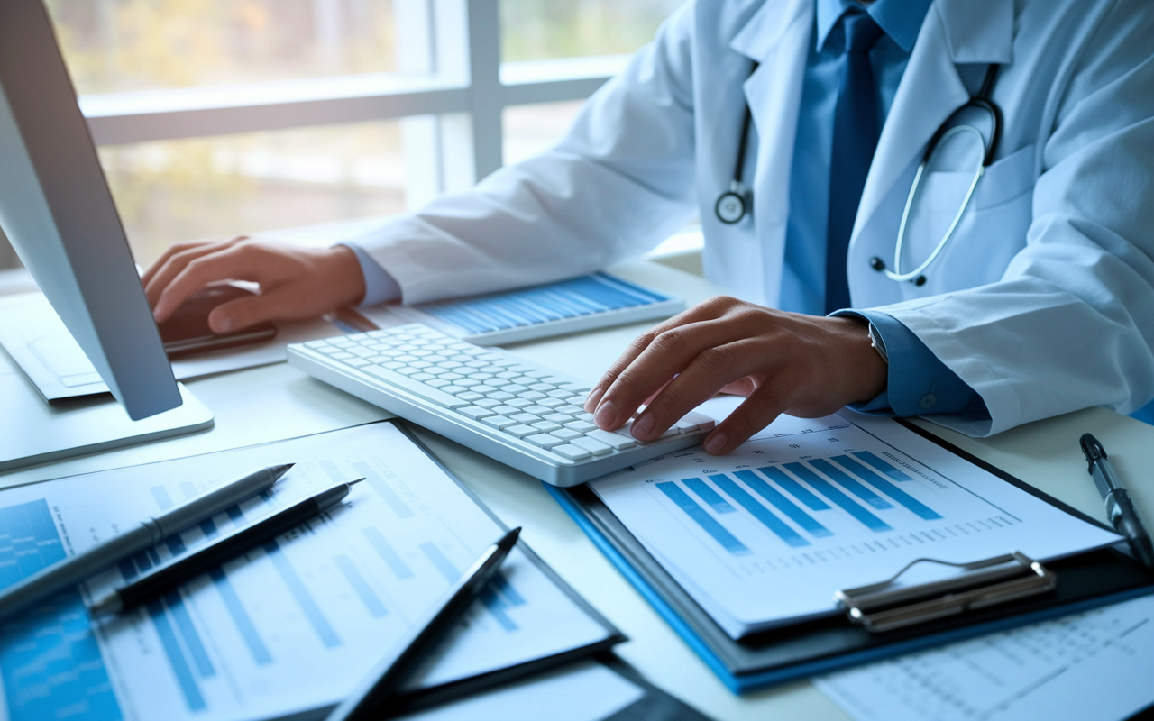 A close-up view of a doctor using a computer for clinical decision-making, surrounded by patient charts and diagnosis tools. The doctor is analyzing complex data on the screen, reflecting a state of concentration and determination. The scene is set within a bright, modern medical office, symbolizing the blend of technology and healthcare, with a sense of urgency and professionalism.