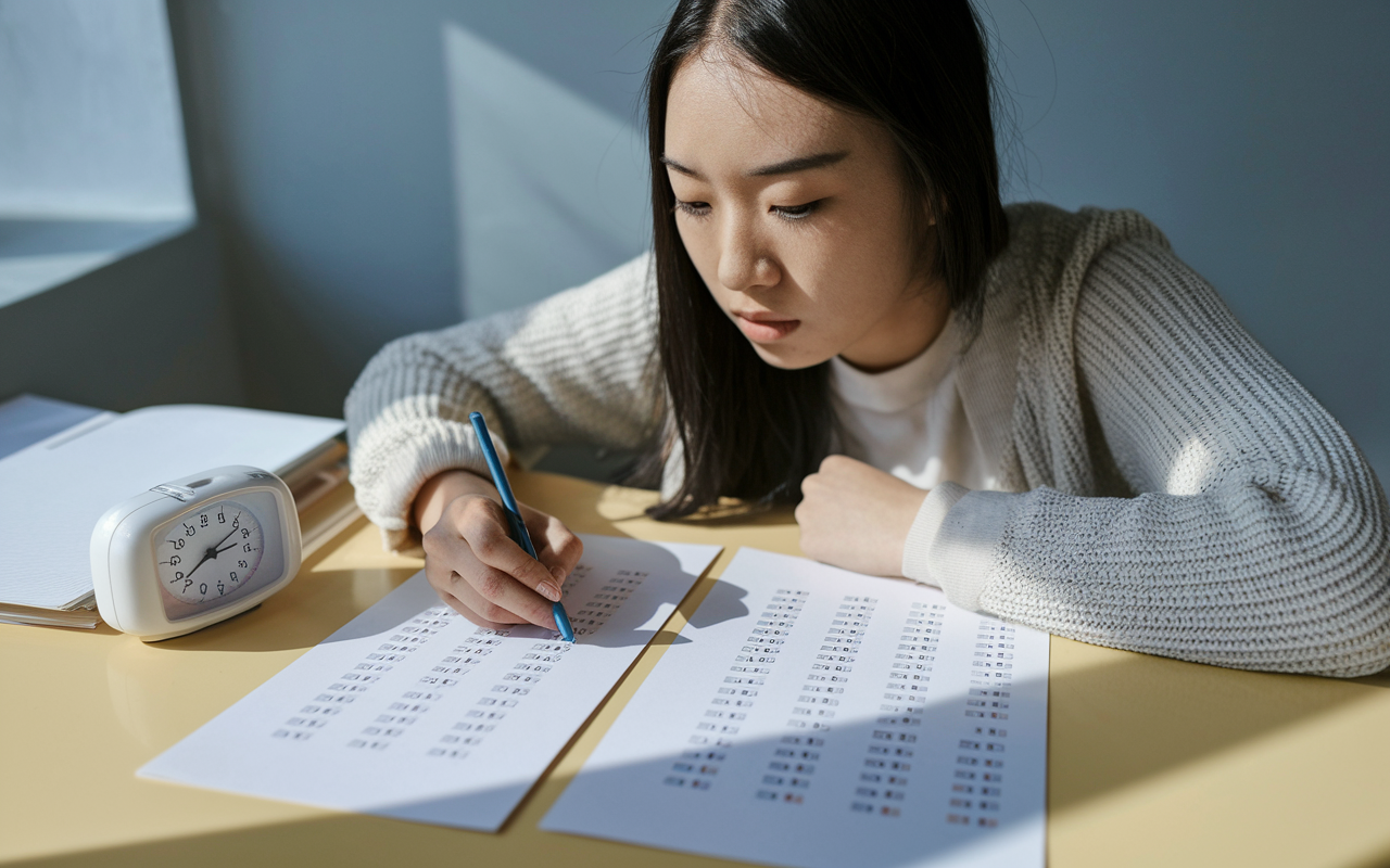 A focused student practicing time management during a mock exam for USMLE Step 3, with a timer visible on the table. The student, a young Asian woman, is intensely engaged with multiple-choice questions laid out in front of her. The study space is bathed in natural light, emphasizing clarity and concentration, while study materials are neatly arranged around her.