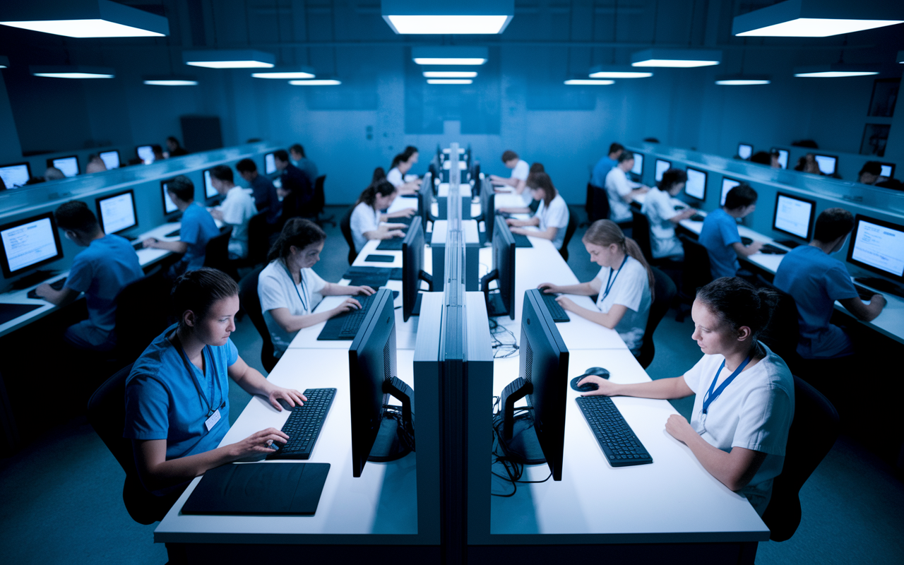 A high-pressure exam room setting where candidates are seated at desks, intensely focused on their computer screens. The ambiance is charged with concentration, illuminated by overhead lights casting soft shadows on the candidates. Various medical charts and clinical scenarios are visible on the screens. The tension in the air reflects the importance of mindset, with some candidates appearing calm while others show signs of stress. This contrast highlights the various approaches to exam challenges.