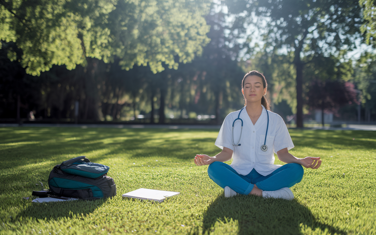 A serene scene of a medical student practicing mindfulness in a quiet park, sitting cross-legged on the grass with eyes closed, peaceful expression. The bright sunlight filters through the leaves, casting dappled light. Gentle breezes create a calming atmosphere, emphasizing the importance of stress management during exam preparation. Nearby, a backpack rests with study materials, symbolizing balance between study and mental well-being.