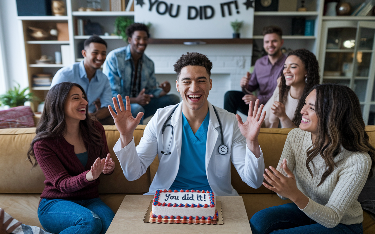 A joyful medical student celebrating after completing their USMLE Step 3 preparation, surrounded by friends in a cozy living room filled with congratulatory decorations. The atmosphere is vibrant with laughter, a cake adorned with 'You Did It!' in the background, and a festive spirit. This scene captures the importance of celebrating small victories, reflecting happiness, camaraderie, and fulfillment in their hard work.