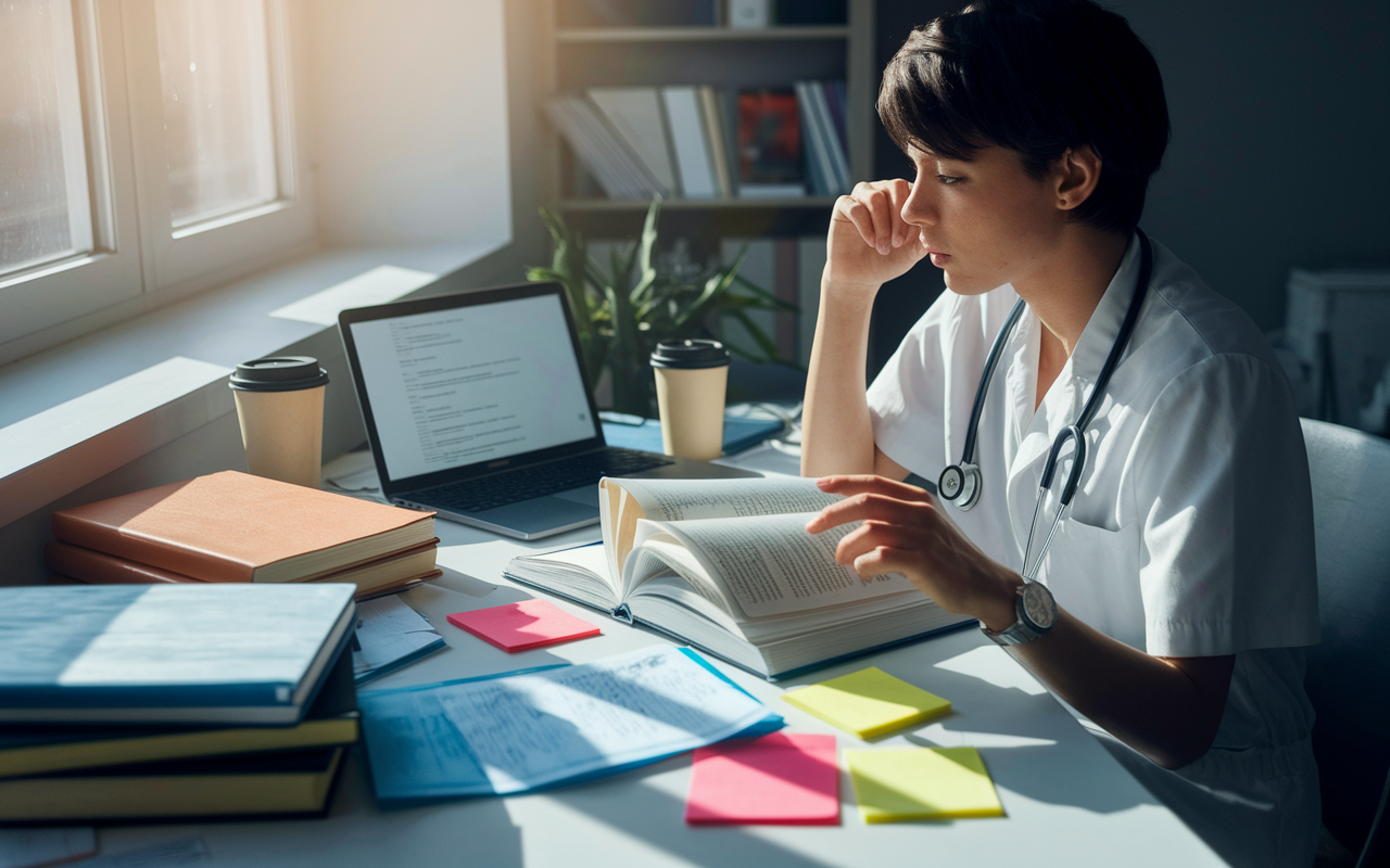 A medical student seated at a study desk cluttered with a variety of resources—open textbooks, a laptop showing practice questions, coffee cups, and colorful sticky notes. Soft natural light filtering in through a window illuminates the scene, casting shadows, and creating a warm yet studious atmosphere. The student displays a focused expression, embodying determination and engagement in their review process.