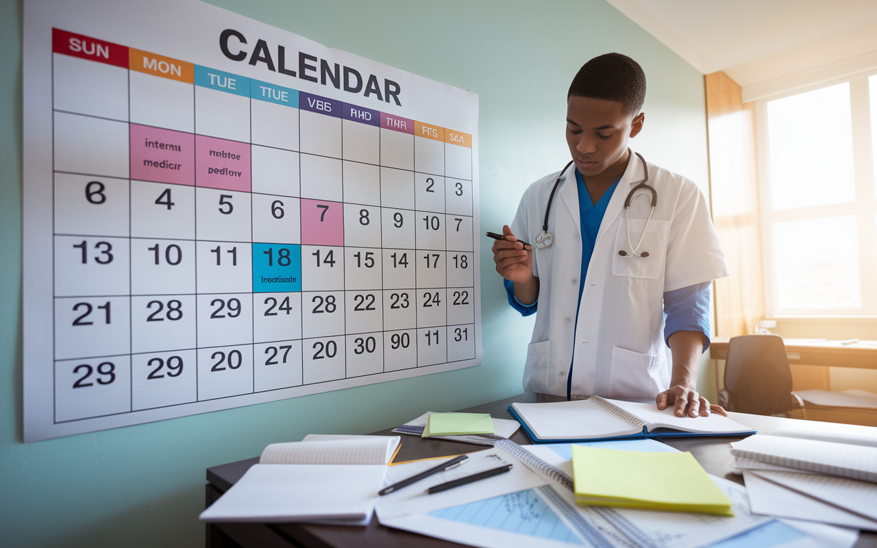 A detailed, colorful calendar on a wall, filled with blocks of time dedicated to different subjects such as internal medicine, pediatrics, and OB-GYN. A focused medical student stands next to the calendar, holding a pen, planning a study schedule. The room is well-lit, filled with notes and practice questions scattered on a desk, symbolizing organization and determination.