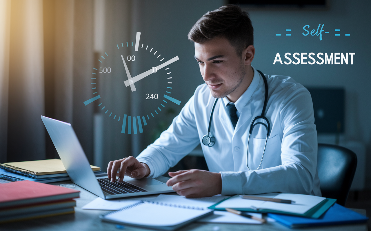 A confident medical student sitting with a laptop, intently engaged in an online practice exam, surrounded by a collection of notes and study materials. A timer runs in the background, indicating the urgency and importance of self-assessment. The atmosphere is focused and tense, with a soft glow from the screen illuminating the student's features.