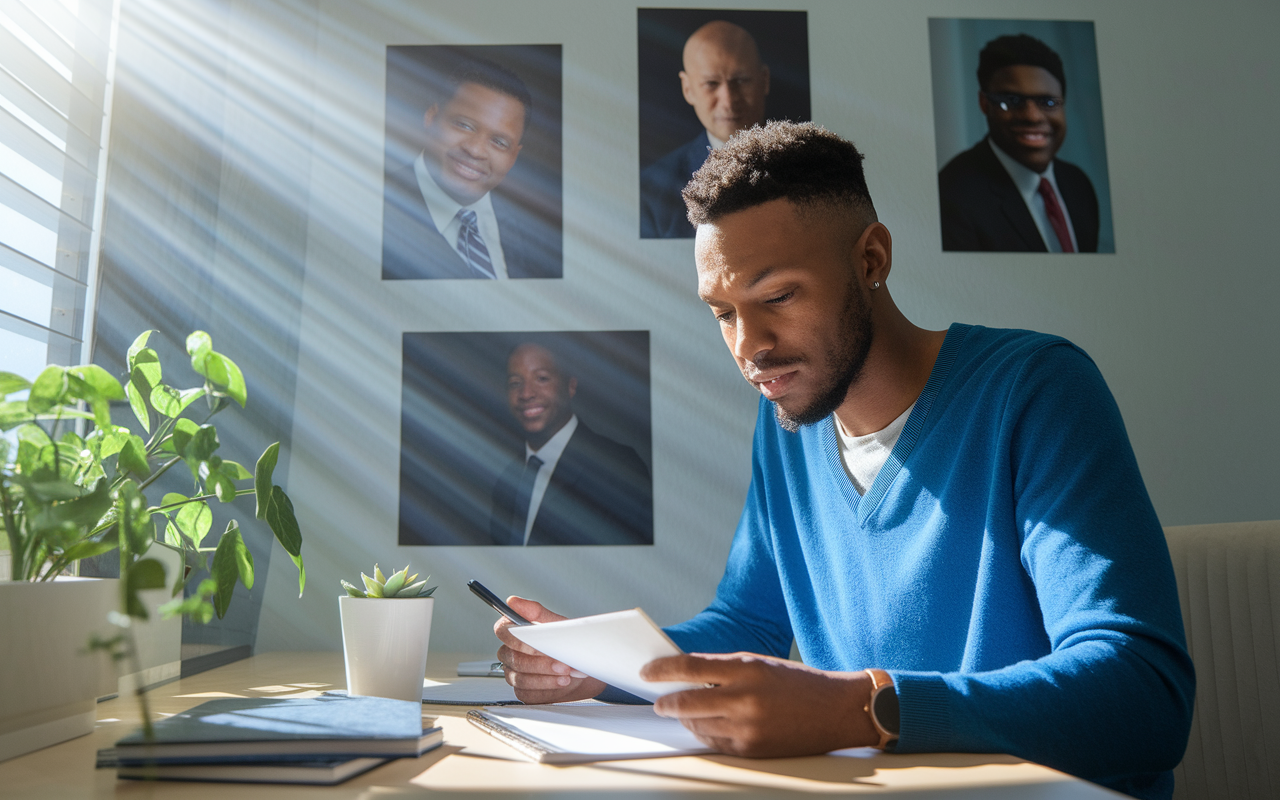 A portrait of Dr. Michael, a determined medical graduate reflecting on his experiences while reviewing notes at a modern, cozy study environment. Sunlight beams through the window, illuminating his focused expression as he looks at his study materials, accompanied by pictures of proud mentoring moments on the wall. This scene encapsulates growth, resilience, and the pursuit of excellence in medicine.