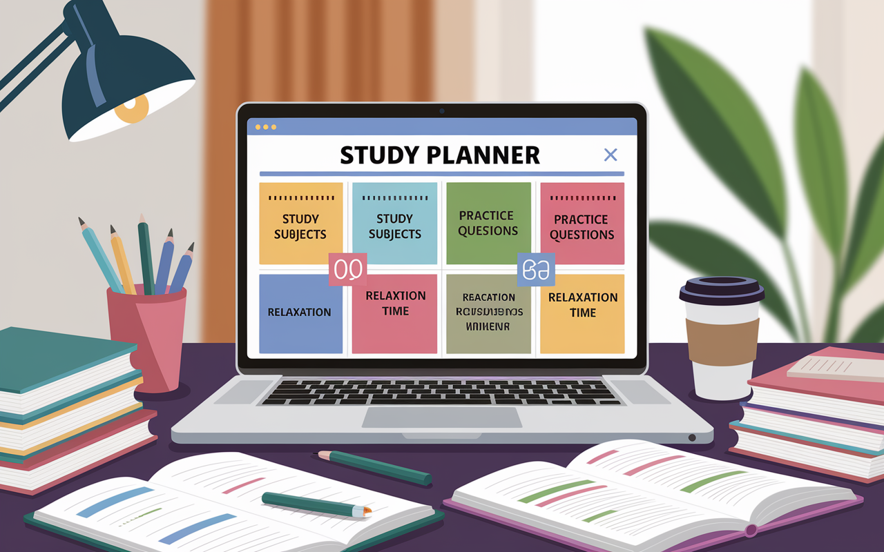 An illustrative and organized digital study planner displayed on a laptop screen, with vibrant colors marking different study subjects, practice questions, and relaxation time. A well-lit desk with study materials scattered around, a plant adding a touch of greenery, and a coffee cup suggesting a cozy study environment. The background is softly blurred, focusing on the study planner as the centerpiece demonstrating organization and planning.