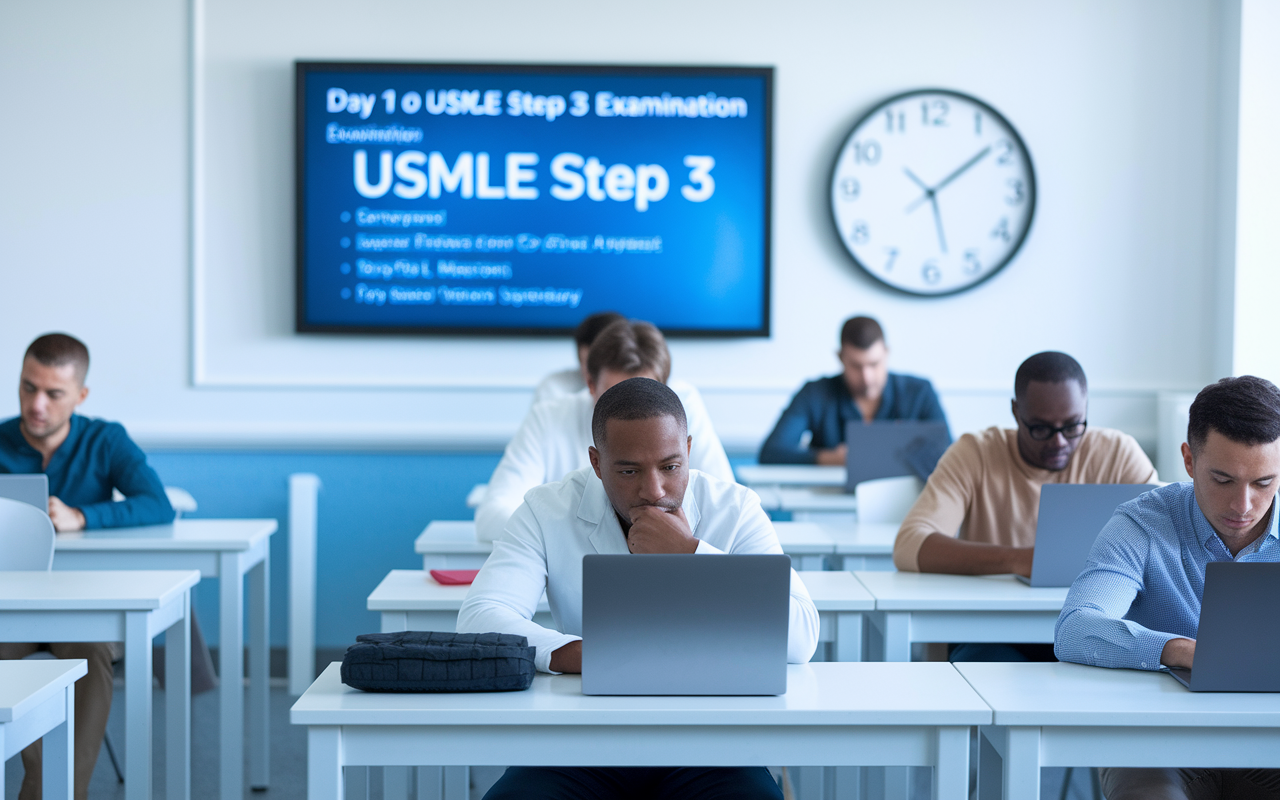 A detailed, educational scene depicting a test room during Day 1 of the USMLE Step 3 examination. Candidates of diverse backgrounds sit at individual desks, intently focused on their laptops. A large digital screen displays the format of the exam. In the background, a clock shows time ticking away with an atmosphere of concentration and urgency. The room is bright with clinical blue and white tones, conveying a serious yet tranquil ambiance.