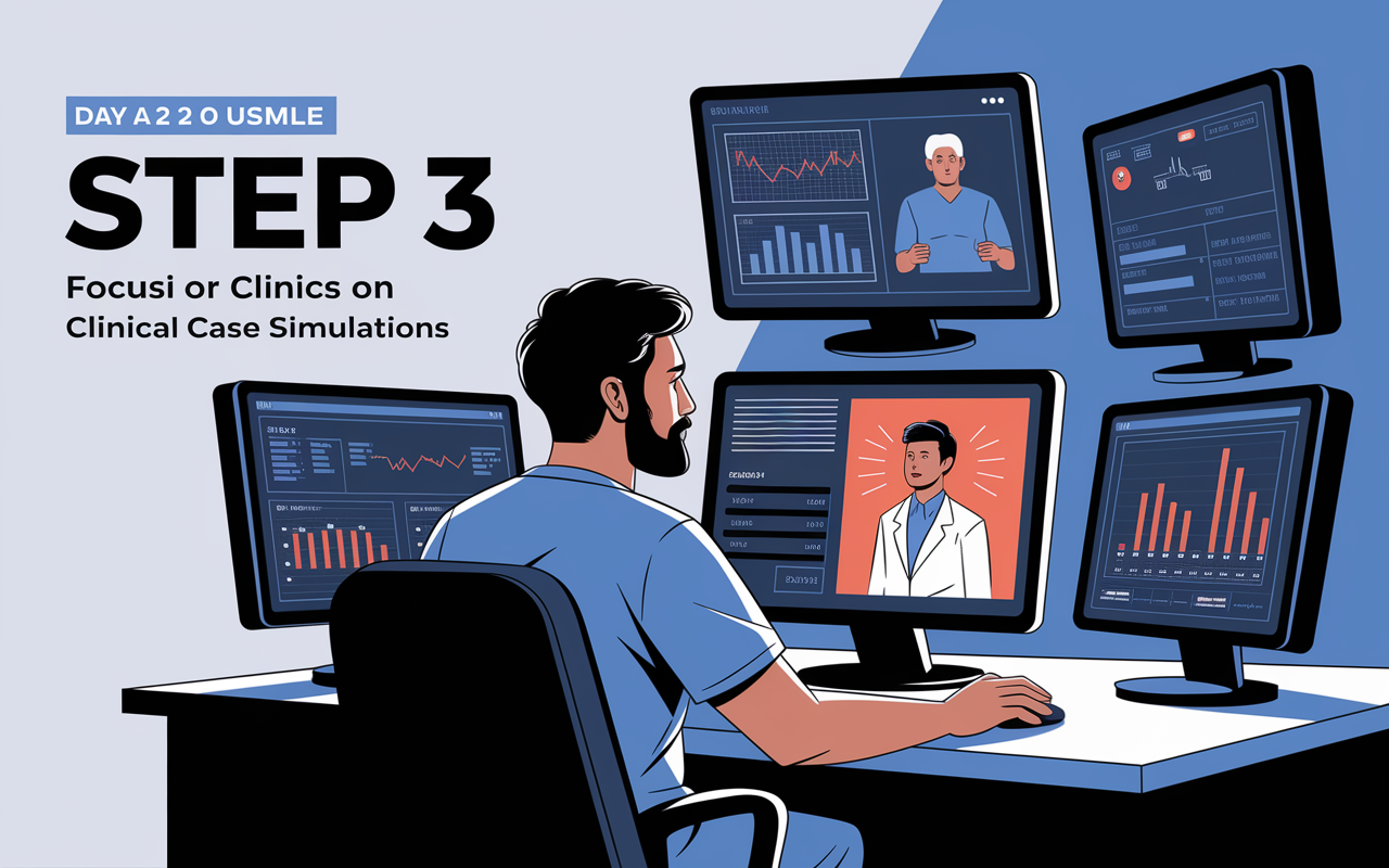 A dynamic illustration showcasing Day 2 of the USMLE Step 3 with a focus on clinical case simulations. A candidate is seated at a computer, engaging with an interactive clinical case simulation interface on the screen, which displays an emergency patient's health data and options for intervention. Surrounding this candidate are monitors showing charts and graphs related to patient care. The atmosphere resonates with tension and critical decision-making, illuminated by bright screens against a soft, clinical white background.