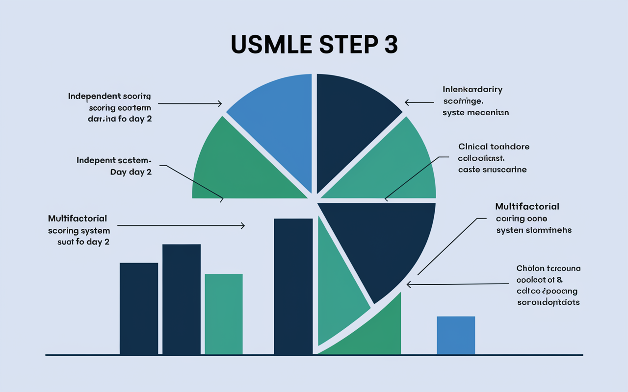 An informative graphic illustrating the scoring breakdown for USMLE Step 3, featuring a pie chart and bar graphs for visual clarity. The graphic includes data points such as independent scoring for Day 1 and Day 2, with a focus on the multifactorial scoring system used for clinical case simulations. The design is modern and clean, using shades of blue and green, with labels outlining critical scoring components to enhance understanding.