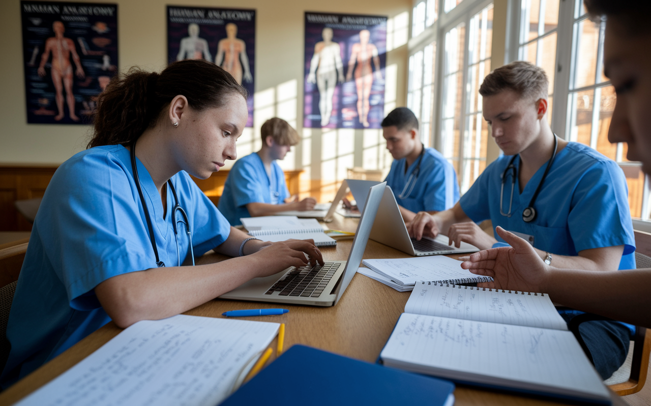 A focused environment wherein medical students are engaged in a study session, working on practice MCQs for the USMLE Step 3. The scene includes students using laptops and notebooks filled with handwritten notes. The room is cozy with a warm ambiance; sunlight is filtering through the windows, casting gentle shadows. Posters of human anatomy decorate the walls, creating an inspiring atmosphere for learning and collaboration.