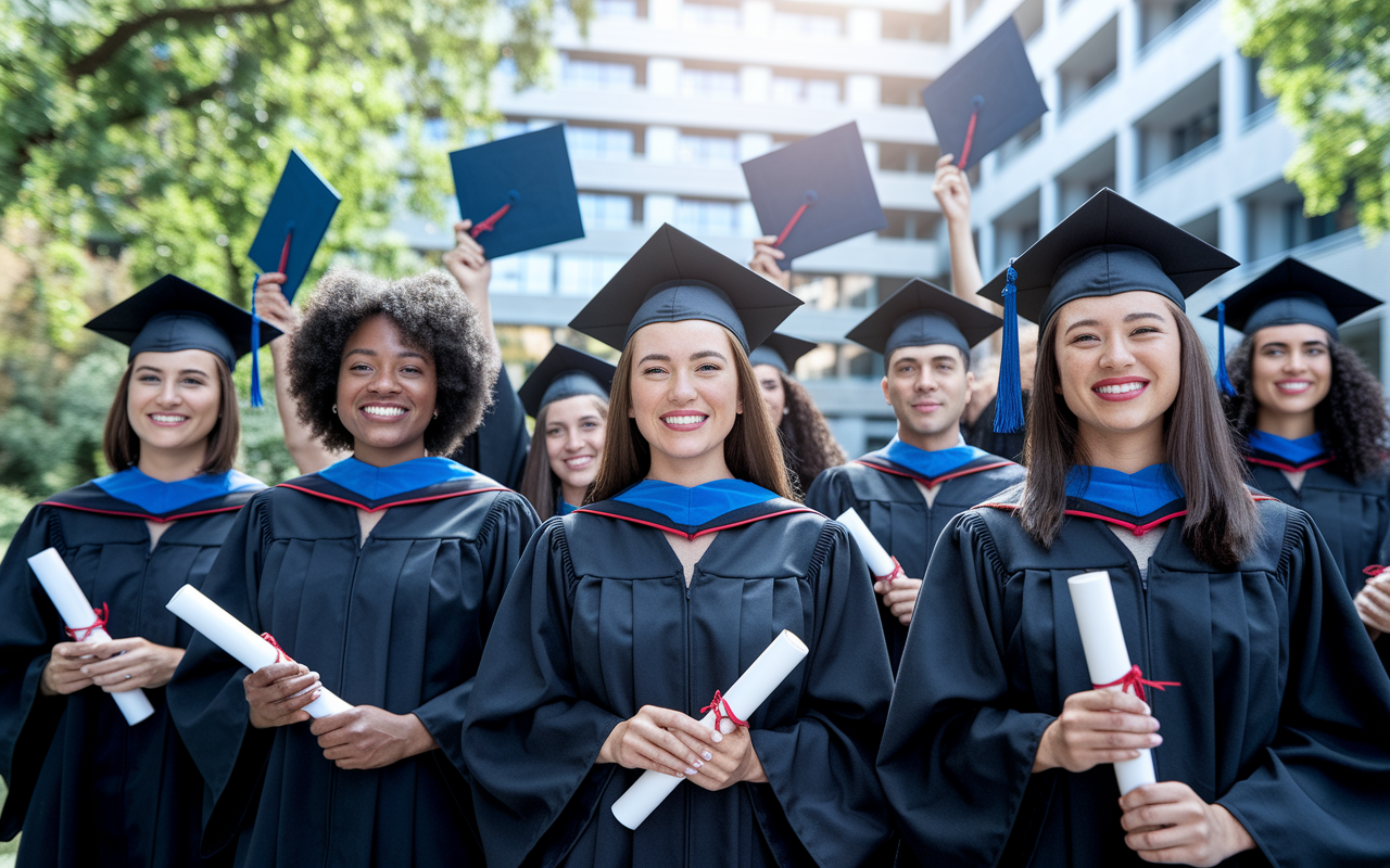 An inspiring scene showing a diverse group of medical graduates celebrating their success after passing the USMLE Step 3 examination. They are in their graduation gowns holding diplomas, with a backdrop of a hospital or medical school, symbolizing achievement and future opportunities. The setting is sunlit, evoking feelings of joy and hope for their medical careers, with smiles and expressions of determination.