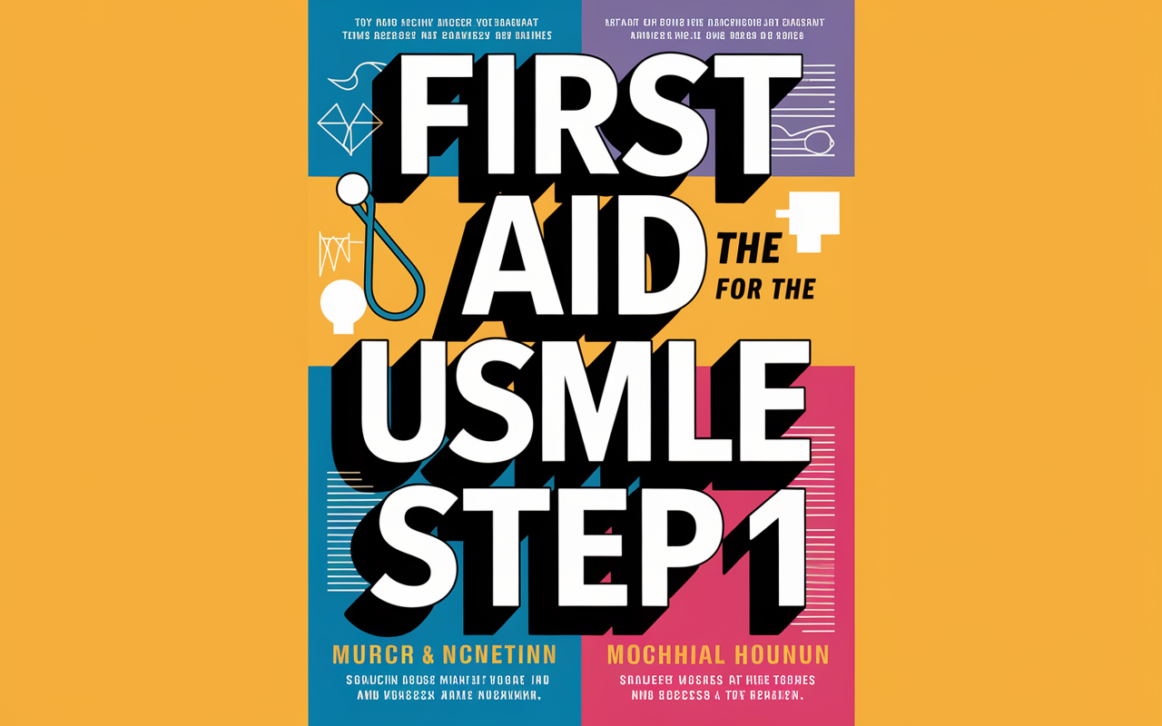 A close-up of the 'First Aid for the USMLE Step 1' book cover, showcasing the bold title against a bright background. The cover features vibrant graphics symbolizing medical themes, such as a stethoscope or anatomical diagrams, conveying a sense of academic success and readiness.