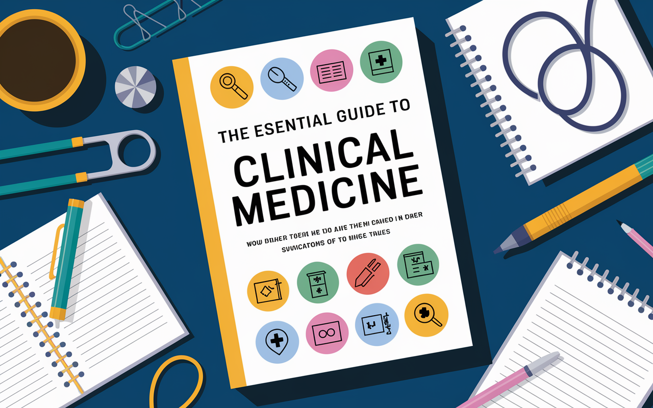 A captivating cover of 'The Essential Guide to Clinical Medicine', highlighting its practical approach with icons representing various aspects of clinical practice. The book is placed on a desk amidst tools and notebooks, illustrating daily applications for medical students.