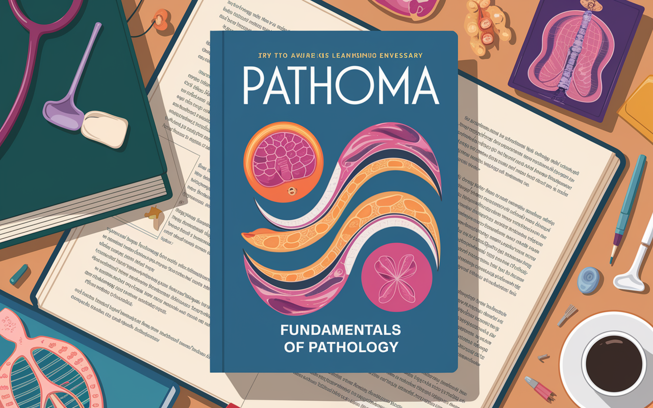 A vibrant imagery of 'Pathoma: Fundamentals of Pathology' book cover, featuring a strong title along with visually striking pathology illustrations. The book is set against a study desk cluttered with anatomical models and diagrams, reflecting an engaging learning environment.