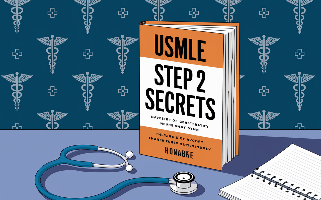 An engaging view of 'USMLE Step 2 Secrets' book cover, prominently displaying the title against a background of medical symbols like the caduceus or surgical instruments. The book is placed on a study table next to a stethoscope and medical notes, suggesting in-depth clinical study.