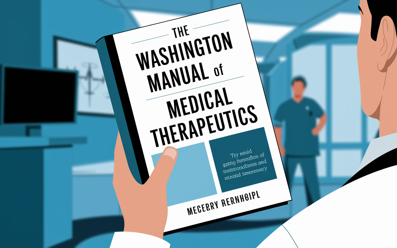 A striking image of 'The Washington Manual of Medical Therapeutics' book cover, showcasing a clear title with a modern design. The book is held in hand against a backdrop of a hospital setting, conveying professionalism and medical authority.