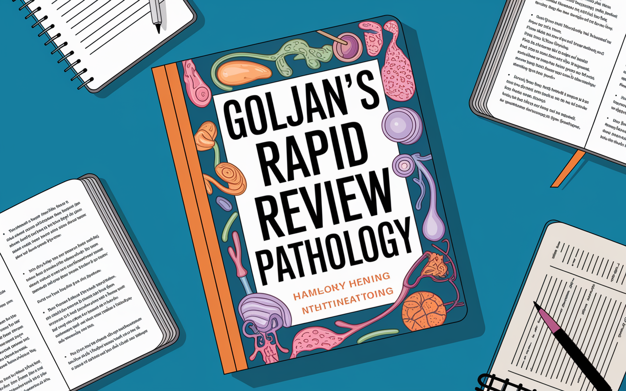 A dynamic view of 'Goljan’s Rapid Review Pathology' book cover, prominently featuring a bold title overlaid on intricate pathology diagrams. The book is shown next to open notes and a textbook, framing an active studying environment.