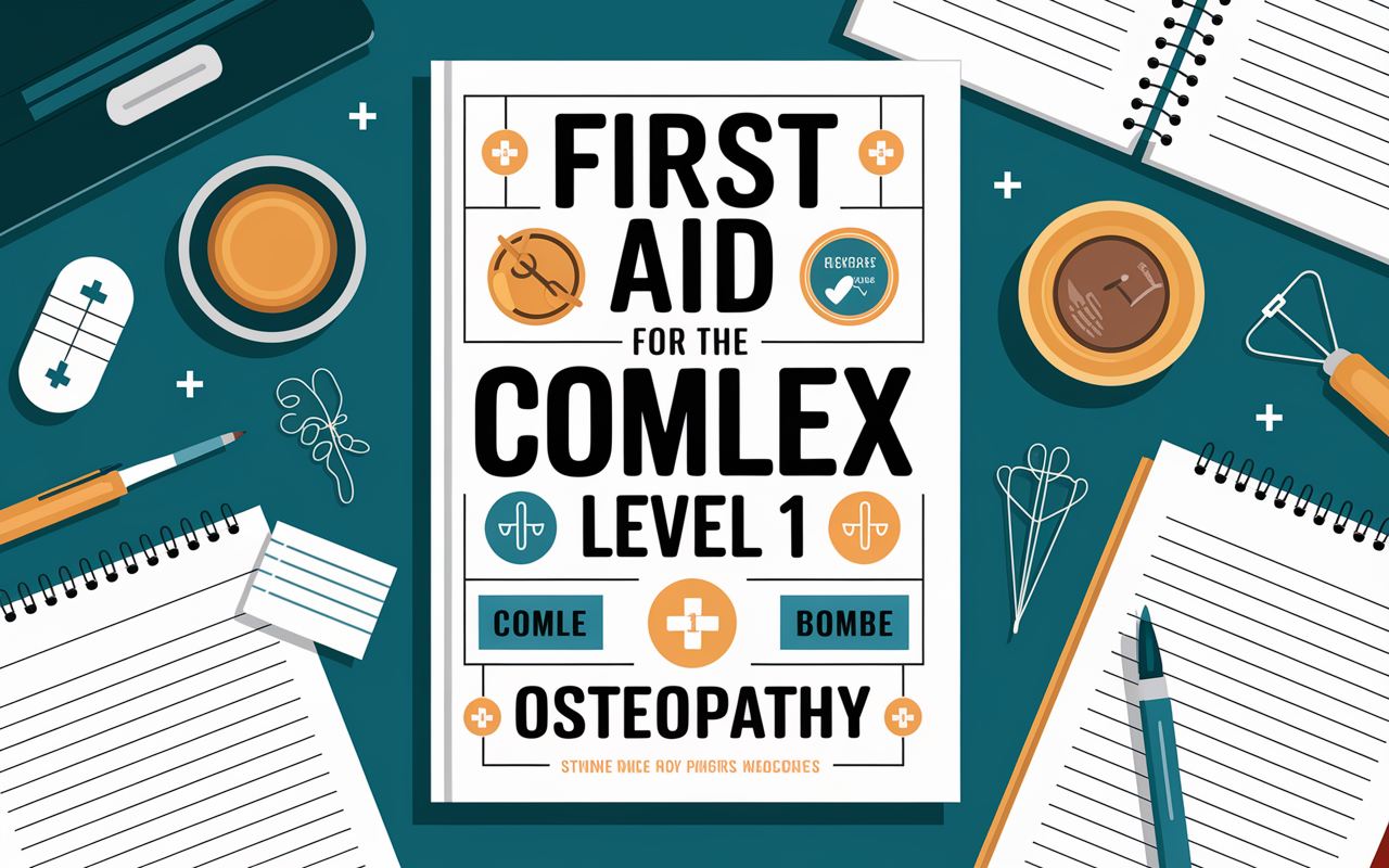 An attractive image of 'First Aid for the COMLEX Level 1' book cover, displaying its title prominently with visuals related to osteopathy. The background features a student's workspace with medical tools and notes, indicating serious preparedness.