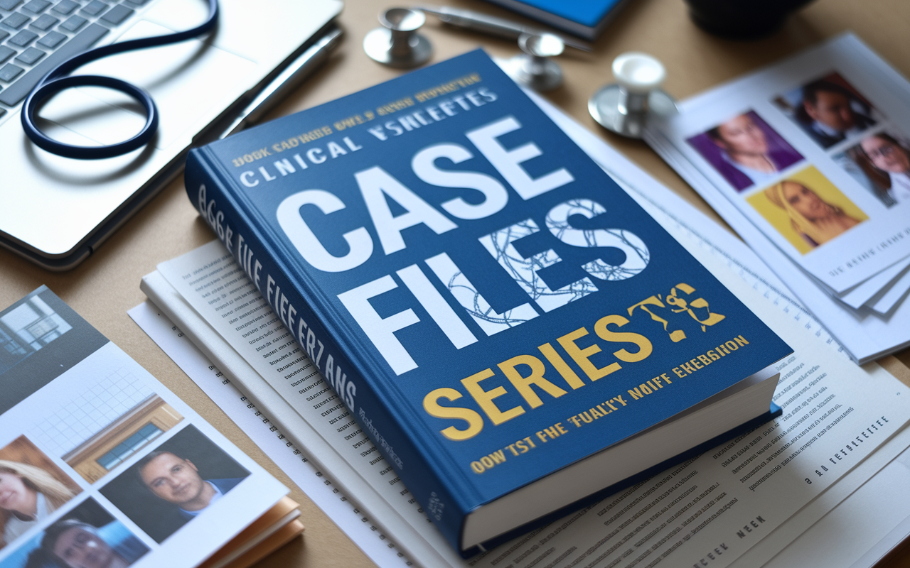 A visually captivating cover of the 'Case Files Series', highlighting the title alongside images of clinical vignettes. The book is positioned on a desk surrounded by relevant notes and medical instruments, suggesting its practical utility in real-life scenarios.