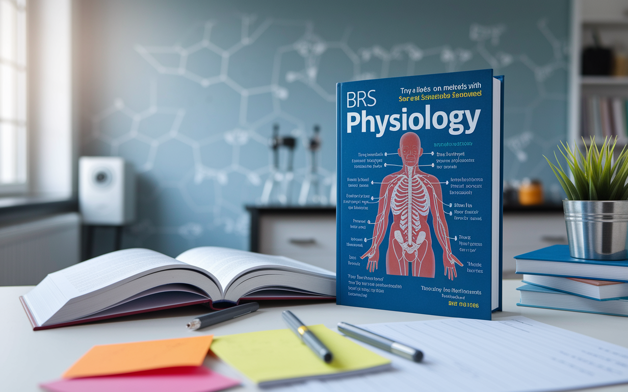 A clear visual of 'BRS Physiology' book cover, showcasing key physiological concepts against a scientific background. The book lies open on a study table with highlights and notes scattered, revealing interactive study methods.