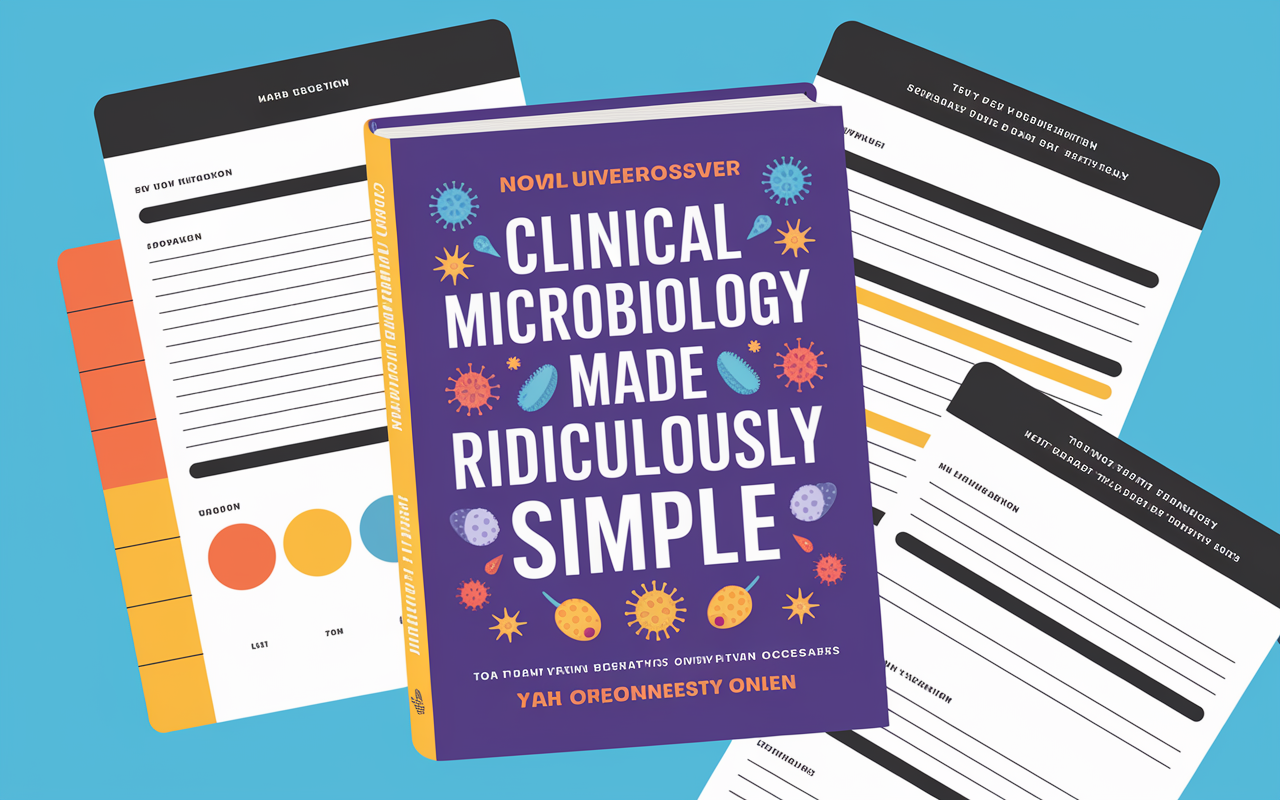 A vibrant cover of 'Clinical Microbiology Made Ridiculously Simple', humorously designed to showcase complex concepts in an inviting manner. The book is shown alongside quirky illustrations and study materials, appealing to those looking for a lighter study approach.